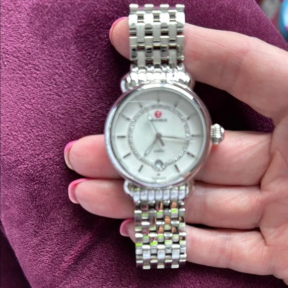 Michele SS Timepiece with White Face with diamonds and date